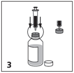 Fiala di vetro con liquido, ago che penetra nel tappo e flacone con soluzione, frecce indicano la direzione