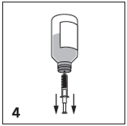 Fiala di vetro con liquido e stantuffo che spinge il farmaco nella siringa con frecce nere rivolte verso il basso