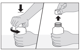 Mano che svita il tappo di un flaconcino e mano che rimuove il coperchio protettivo da un altro flaconcino con frecce direzionali