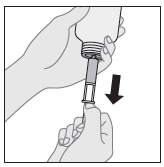 Mano che tiene un dispositivo per iniezione con ago visibile e freccia nera che indica la direzione di pressione