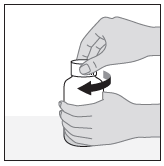 Mano che svita il tappo di un flacone medicinale bianco con freccia curva nera che indica la direzione