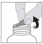 Mano che rimuove il sigillo protettivo da un flacone medicinale con freccia nera che indica la direzione di apertura