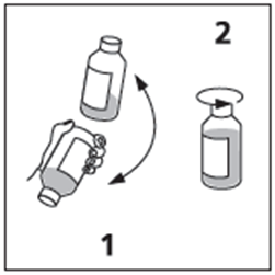 Fiala di medicinale con tappo e ago, freccia che indica il movimento di inserimento dell