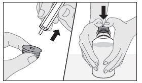 Mani che tengono flacone medicinale e ago, frecce indicano preparazione all