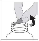 Mano che rimuove un sigillo protettivo da un flacone medicinale con freccia nera che indica la direzione di apertura