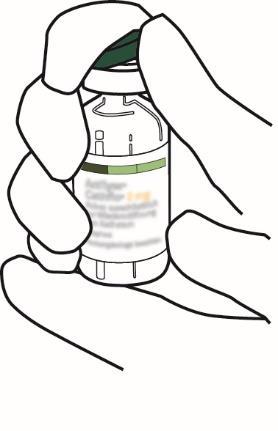 Mani che tengono e preparano una fiala medicinale con liquido verde e etichetta bianca e verde