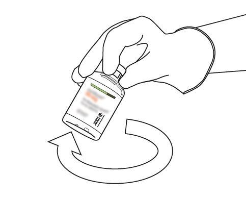 Mano che ruota un flaconcino medicinale con freccia curva e indicazioni sull