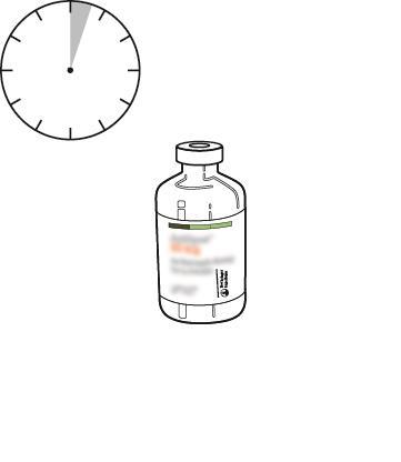 Fiala di medicinale con etichetta e orologio che indica le ore 17:00 circa