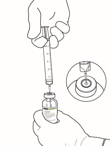 Mano che tiene una siringa piena e un flacone di medicinale, con dettaglio ingrandito dell