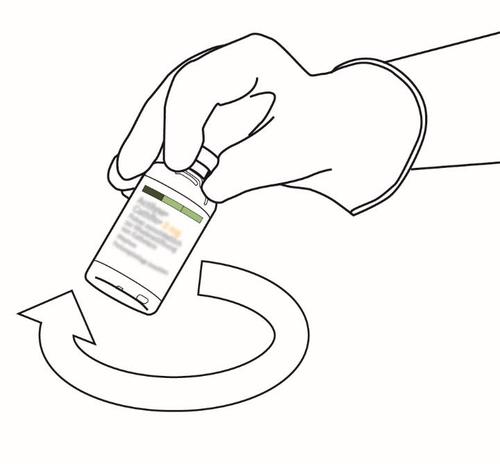 Mano che agita una fiala medicinale trasparente con etichetta verde e freccia curva che indica il movimento