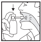 Profilo di una testa con spray nasale in bocca e freccia che indica la direzione di inserimento