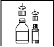 Fiala di medicinale, tappo di gomma, siringa senza ago e ago protetto mostrati in sequenza verticale