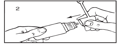 Mano che tiene una penna per iniezione con ago visibile e freccia che indica la direzione di inserimento