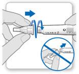 Penna iniettabile con ago avvitato e freccia blu che indica la rotazione corretta e divieto di inserimento diretto