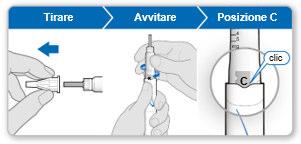 Mani che assemblano un dispositivo medico con connettori a vite e un cilindro graduato con indicatore