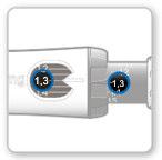 Siringa preriempita con stantuffo graduato visibile, evidenziati i numeri 1,3 e 1,5 sulle scale di dosaggio laterali