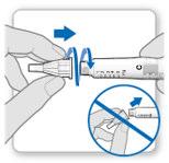 Mani che applicano un ago a una penna per iniezione con frecce blu che indicano la rotazione e un cerchio con divieto di iniezione