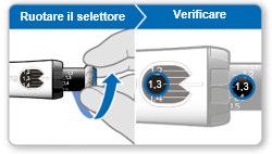 Penna per iniezione con selettore da ruotare indicato da freccia blu verso il dosaggio 1,3 visualizzato su due finestrelle