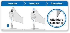 Mano che inserisce e inietta con una siringa, freccia blu indica l