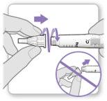Siringa con ago avvitato e freccia che indica la rotazione per il fissaggio corretto e cerchio con siringa barrata