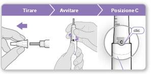 Mano che avvita un ago a una penna iniettabile con freccia blu che indica il movimento e dettaglio con cerchio sulla posizione corretta