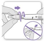 Siringa pre-riempita con ago collegato e freccia che indica il movimento di rotazione per l