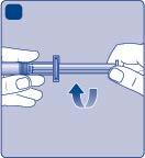 Siringa preriempita tenuta da due mani con freccia blu curva che indica la direzione di rotazione del dispositivo