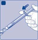 Siringa con ago inserito nella pelle, freccia blu indica la direzione di iniezione, mano che tiene lo strumento per l