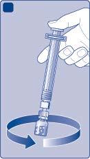 Mano che ruota un dispositivo medico blu con ago e cilindro trasparente collegato ad un tappo nero con freccia direzionale