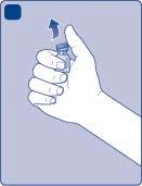 Mano che tiene una fiala di vetro blu con un tappo nero, freccia blu indica la pressione verso l