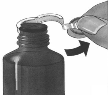 Fiala di vetro marrone con tappo e ago che penetra nel tappo seguendo una freccia curva