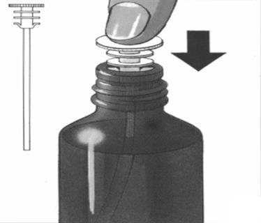 Fiala di vetro marrone con tappo e ago da cui goccia del liquido trasparente freccia nera indica la direzione