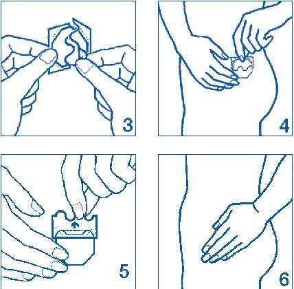 Applicazione di un cerotto medicinale su pelle con mani che aprono la confezione e premono per aderire