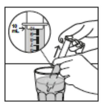 Mano che versa un liquido da una siringa graduata (10 mL) in un bicchiere trasparente con linee di misurazione