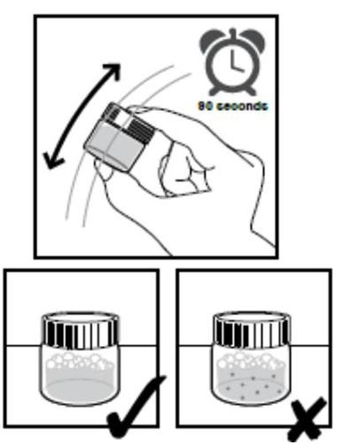 Mano che agita un flaconcino medicinale con movimento circolare indicato da una freccia e timer a 90 secondi