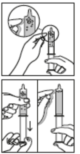 Mano che tiene una siringa preriempita e una fiala di medicinale con un cerchio di ingrandimento sulla fiala e freccia direzionale
