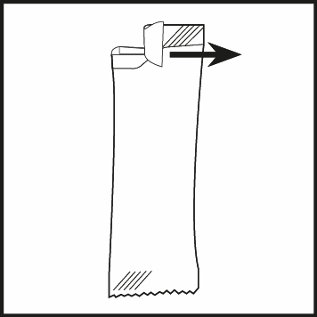 Busta di medicinale con taglio indicato da freccia e linea tratteggiata per l