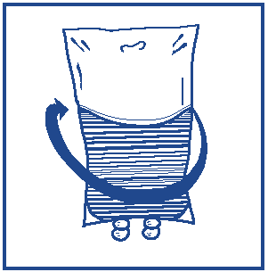 Fiala di vetro con collo a scatto e due piedini, freccia curva indica rotazione per apertura