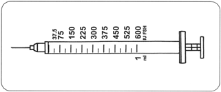Siringa graduata trasparente con scala da 37,5 a 600 IU FSH e indicazione di 1 ml di capacità massima