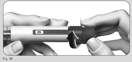 Mani che tengono una penna per insulina con indicazione 25 e avvitano un ago con freccia direzionale nera