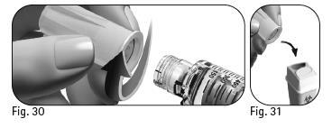 Dispositivo autoiniettante con fiala collegata e meccanismo di rotazione indicato da una freccia nera