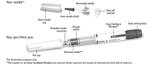 Penna pre-riempita con componenti etichettati, ago rimovibile, cappuccio, pistone, serbatoio e finestra di dosaggio con unità internazionali