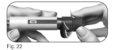 Penna per iniezione con indicatore 150 e freccia nera che indica la rotazione del cappuccio protettivo