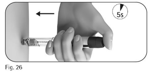 Mano che tiene un dispositivo per iniezione sottocutanea con ago inserito nella pelle e freccia indicante la pressione verso il basso per 5 secondi