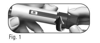 Penna per iniezione pre-riempita con indicatore numerico e freccia nera che indica la direzione di rotazione