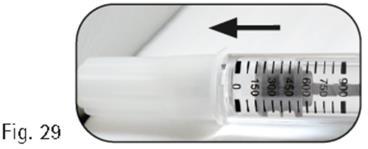 Siringa graduata bianca con scala da 0 a 900 unità, stantuffo in posizione e freccia nera che indica la direzione