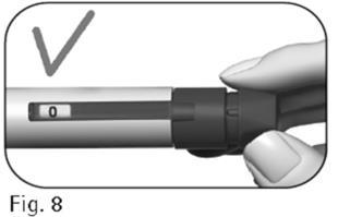 Penna iniettabile con indicatore di dose a zero e pollice pronto a premere il pulsante di rilascio