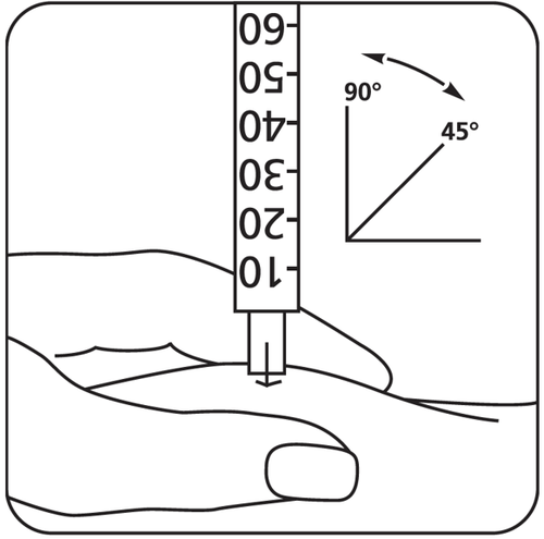 Mano che tiene una siringa con ago inserito, angolazioni di 45 e 90 gradi indicate con frecce e scala graduata da 10 a 50