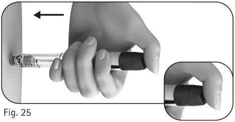 Mano che afferra una siringa preriempita con ago inserito, freccia nera indica la direzione e ingrandimento sul punto di iniezione