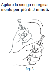 Mano che agita vigorosamente una siringa preriempita con un farmaco, mostrando il movimento circolare e la presenza dell